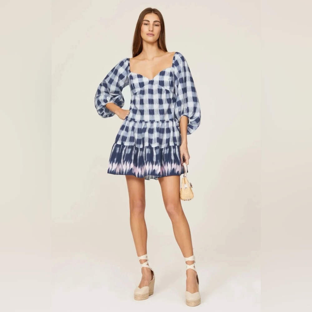 Sachin & Babi Kyle Brushstroke Gingham Print Inky Tie Dye Cutout Bow Dress‎ XS